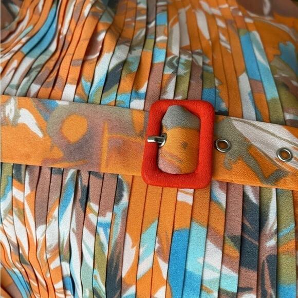 The Limited Orange Red Multicolored Floral Pleated Sleeveless Dress with Belt - Picture 4 of 4